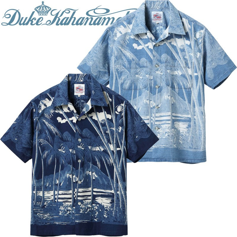 DK39452 / SUNSURF DUKE KAHANAMOKU INDIGO COTTON HAWAIIAN SHIRT “COCONUT PALM & DIAMONDHEAD”