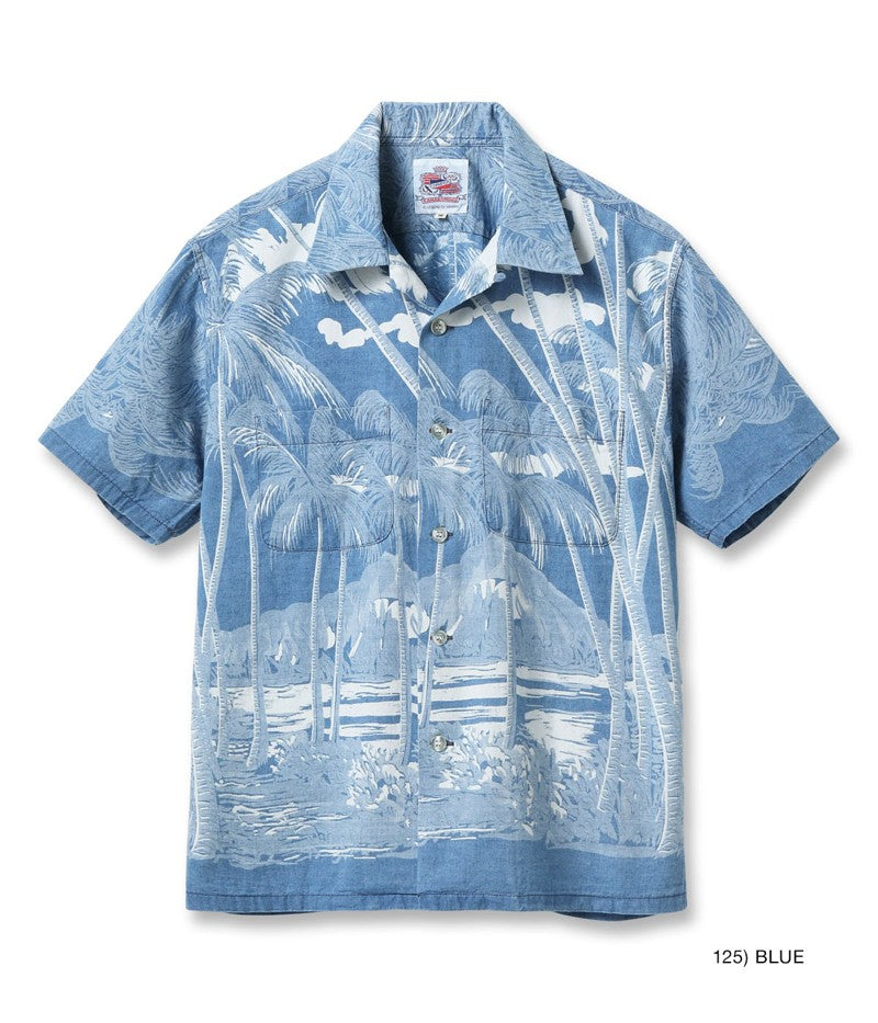 DK39452 / SUNSURF DUKE KAHANAMOKU INDIGO COTTON HAWAIIAN SHIRT “COCONUT PALM & DIAMONDHEAD”