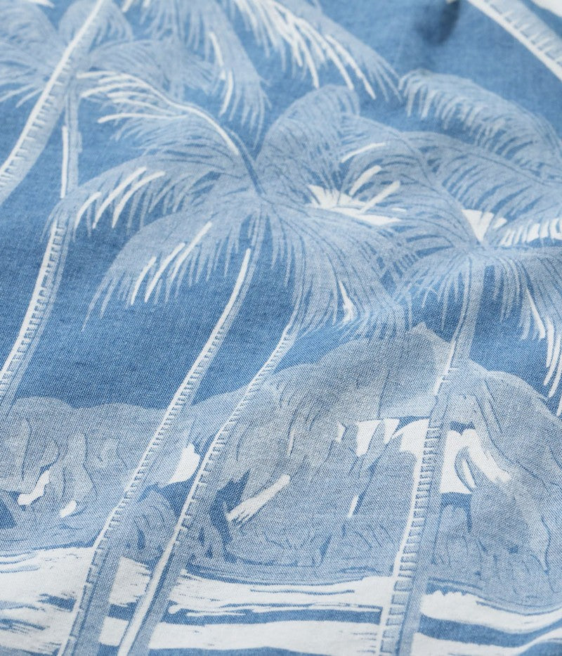 DK39452 / SUNSURF DUKE KAHANAMOKU INDIGO COTTON HAWAIIAN SHIRT “COCONUT PALM & DIAMONDHEAD”