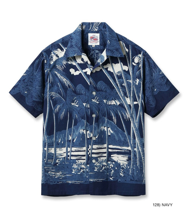 DK39452 / SUNSURF DUKE KAHANAMOKU INDIGO COTTON HAWAIIAN SHIRT “COCONUT PALM & DIAMONDHEAD”