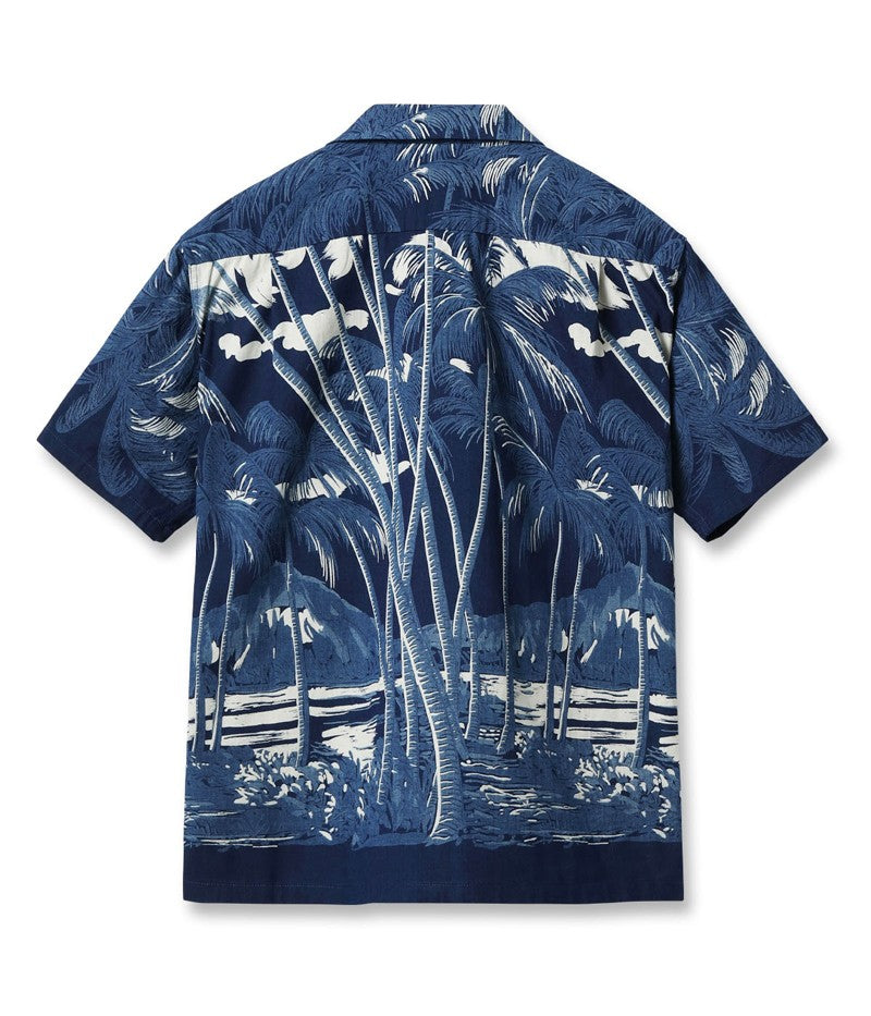 DK39452 / SUNSURF DUKE KAHANAMOKU INDIGO COTTON HAWAIIAN SHIRT “COCONUT PALM & DIAMONDHEAD”