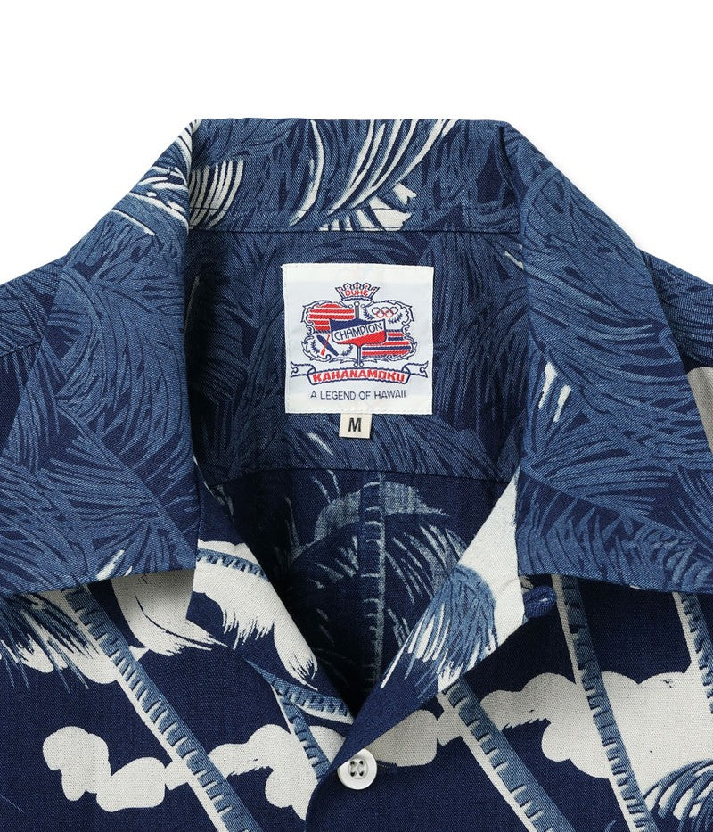 DK39452 / SUNSURF DUKE KAHANAMOKU INDIGO COTTON HAWAIIAN SHIRT “COCONUT PALM & DIAMONDHEAD”