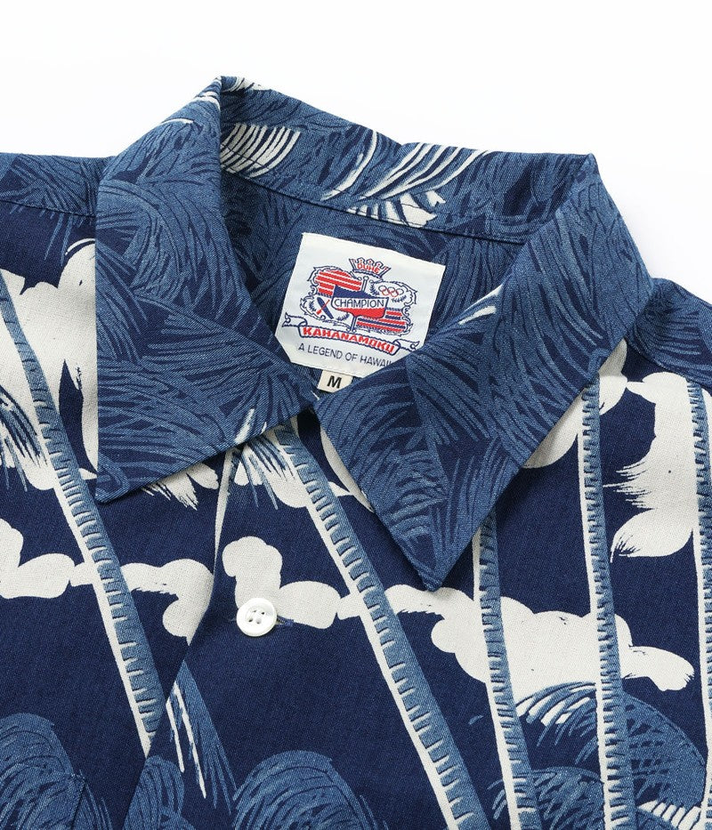 DK39452 / SUNSURF DUKE KAHANAMOKU INDIGO COTTON HAWAIIAN SHIRT “COCONUT PALM & DIAMONDHEAD”