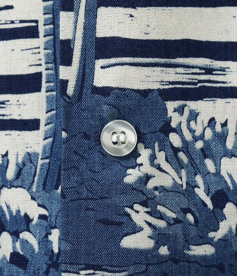 DK39452 / SUNSURF DUKE KAHANAMOKU INDIGO COTTON HAWAIIAN SHIRT “COCONUT PALM & DIAMONDHEAD”