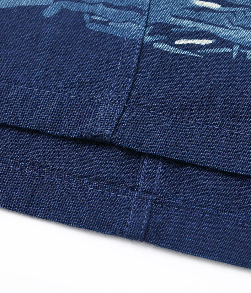 DK39452 / SUNSURF DUKE KAHANAMOKU INDIGO COTTON HAWAIIAN SHIRT “COCONUT PALM & DIAMONDHEAD”