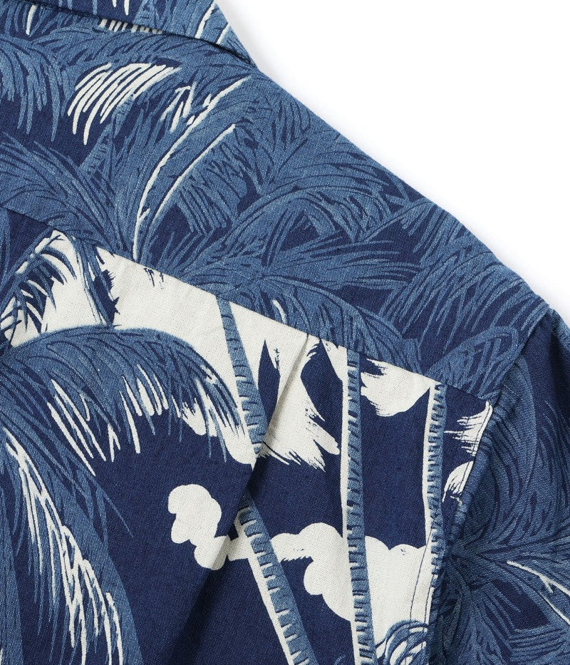 DK39452 / SUNSURF DUKE KAHANAMOKU INDIGO COTTON HAWAIIAN SHIRT “COCONUT PALM & DIAMONDHEAD”