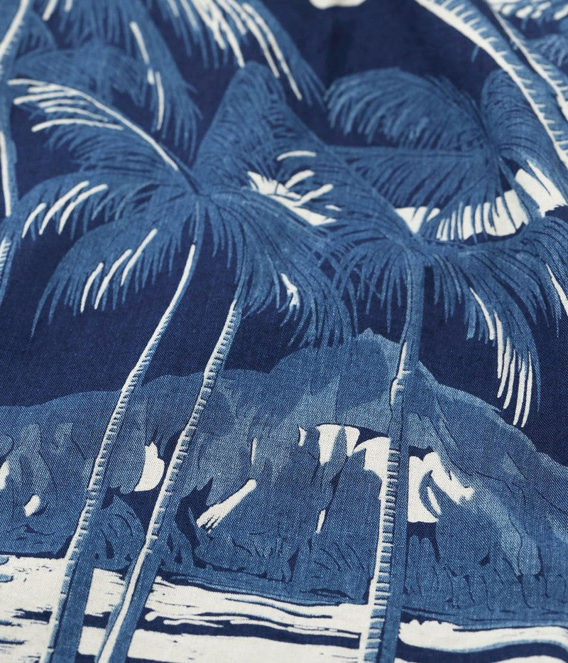DK39452 / SUNSURF DUKE KAHANAMOKU INDIGO COTTON HAWAIIAN SHIRT “COCONUT PALM & DIAMONDHEAD”