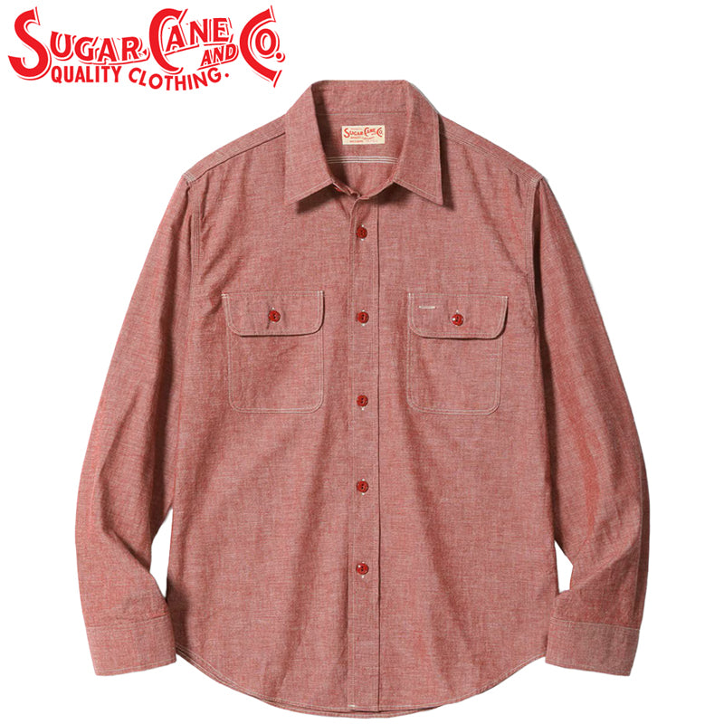 SC29682 / SUGAR CANE RED CHAMBRAY WORK SHIRT (LONG SLEEVE