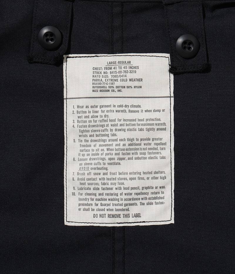 BR15192 BUZZ RICKSON'S WILLIAM GIBSON COLLECTION Type BLACK HOOD, EXTREME COLD WEATHER M-65 (NO HOOD)