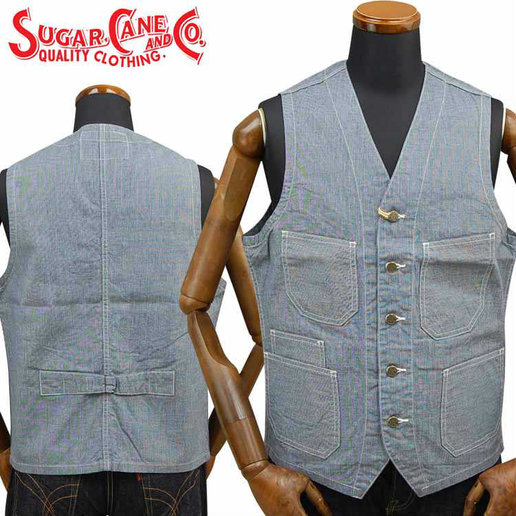 SC14599 / SUGAR CANE FICTION ROMANCE 8oz INDIGO PIN CHECKWORK VEST