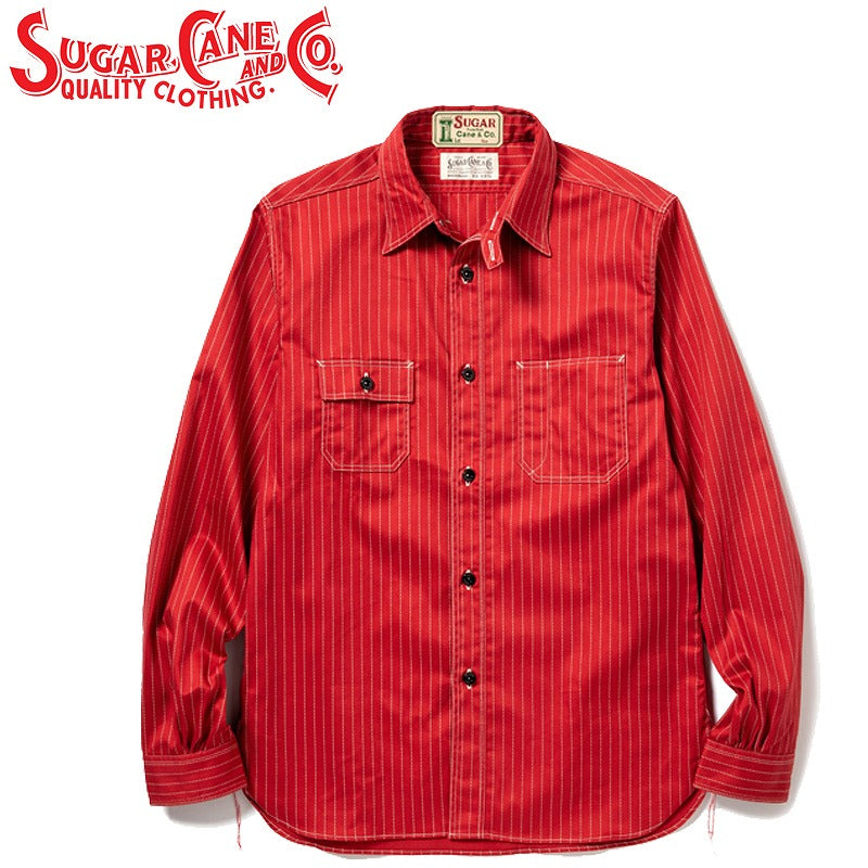 SC28340 / SUGARCANE FICTION ROMANCE 8.5oz. RED WABASH STRIPE WORK SHIRT (LONG SLEEVE)