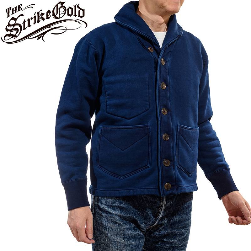 SGC009ID The Strike Gold Indigo Dyed LoopWheel Shawl collar Sweat Shirt Cardigan