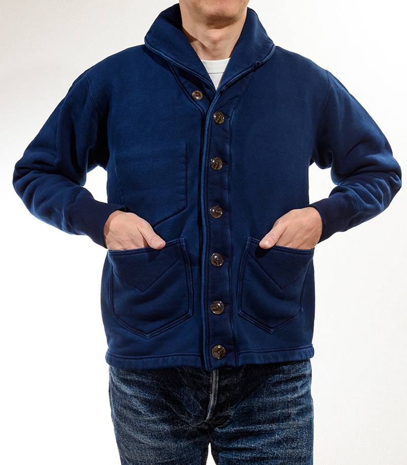 SGC009ID The Strike Gold Indigo Dyed LoopWheel Shawl collar Sweat Shirt Cardigan