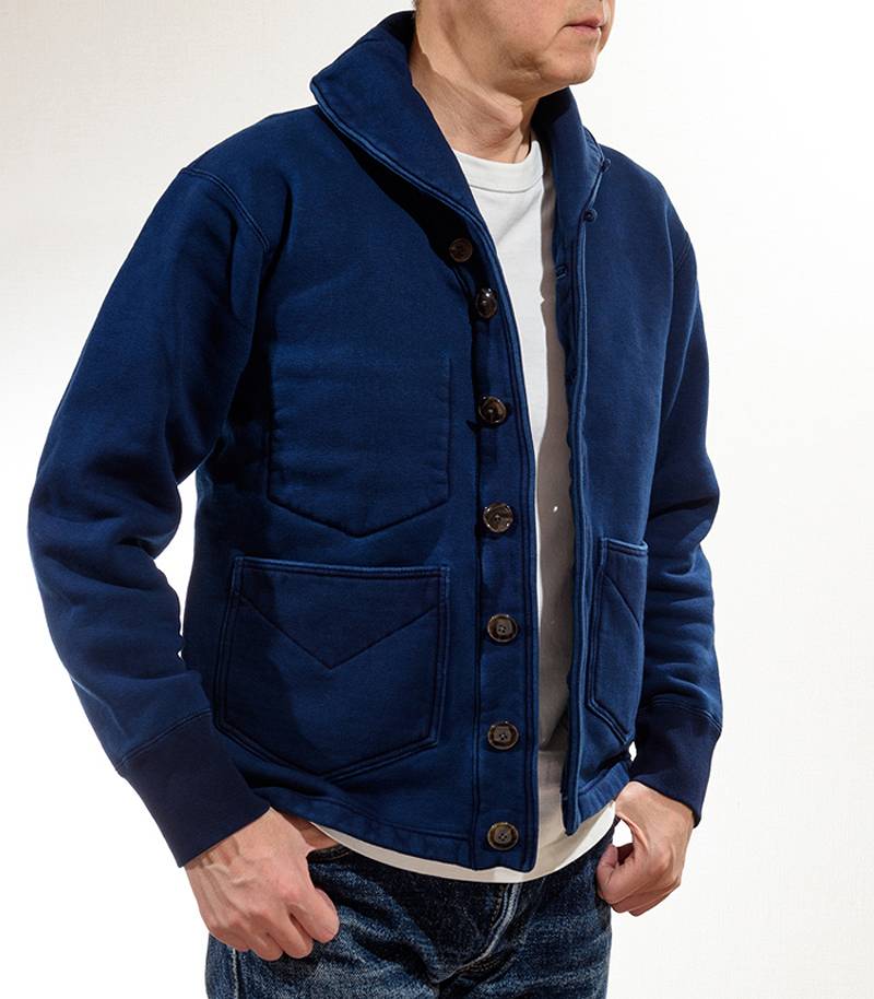 SGC009ID The Strike Gold Indigo Dyed LoopWheel Shawl collar Sweat Shirt Cardigan
