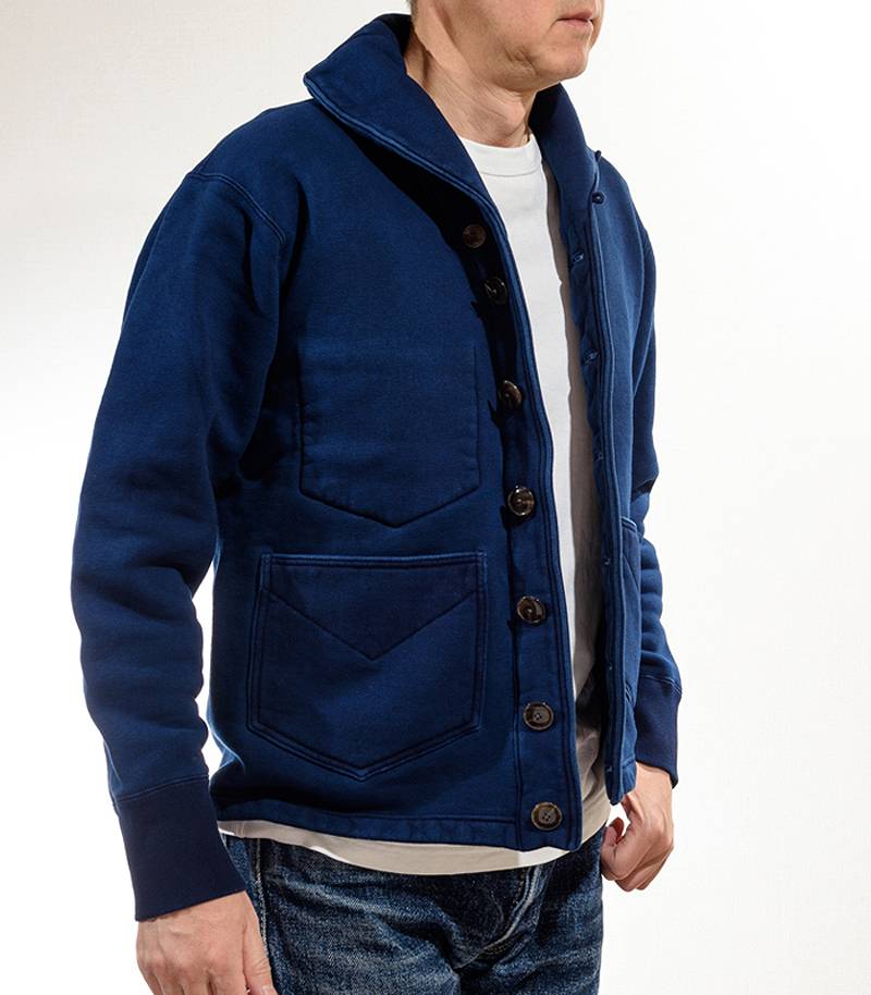 SGC009ID The Strike Gold Indigo Dyed LoopWheel Shawl collar Sweat Shirt Cardigan