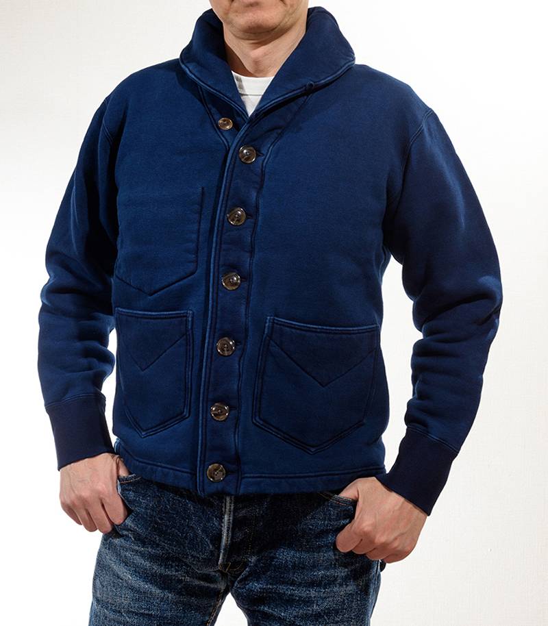 SGC009ID The Strike Gold Indigo Dyed LoopWheel Shawl collar Sweat Shirt Cardigan