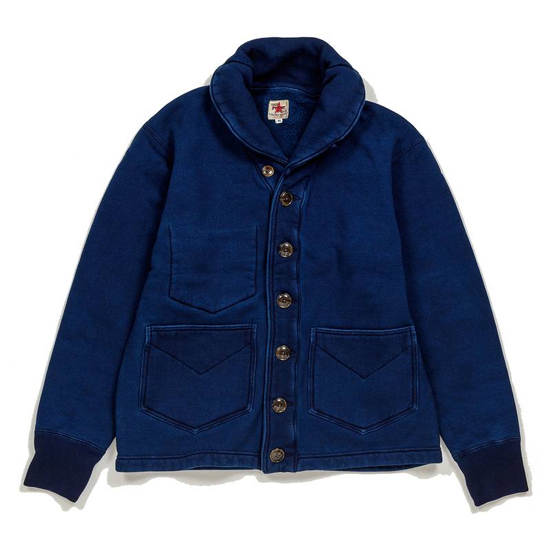 SGC009ID The Strike Gold Indigo Dyed LoopWheel Shawl collar Sweat Shirt Cardigan