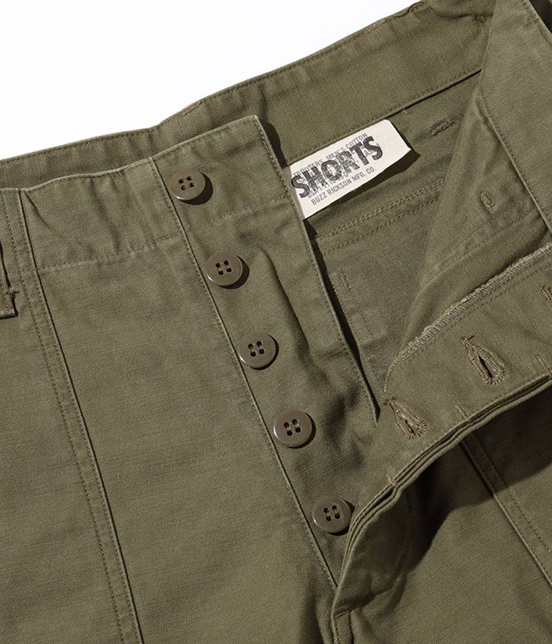 BR51735 /BUZZ RICKSON'S TROUSERS, MEN'S, COTTON SATEEN OLIVE GREEN QM SHADE 107, TYPE-I, CLASS SHORTS