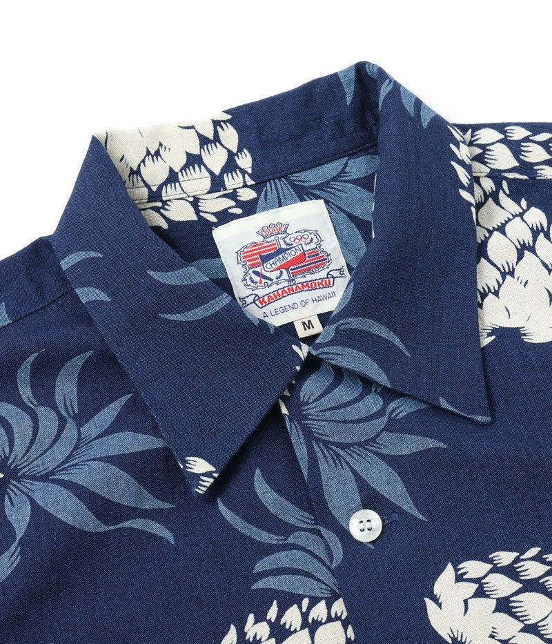 DK39045 / SUNSURF DUKE KAHANAMOKU INDIGO COTTON HAWAIIAN SHIRT “DUKE'S PINEAPPLE”