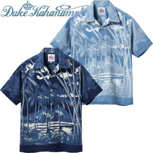 DK39452 / SUNSURF DUKE KAHANAMOKU INDIGO COTTON HAWAIIAN SHIRT “COCONUT PALM & DIAMONDHEAD”