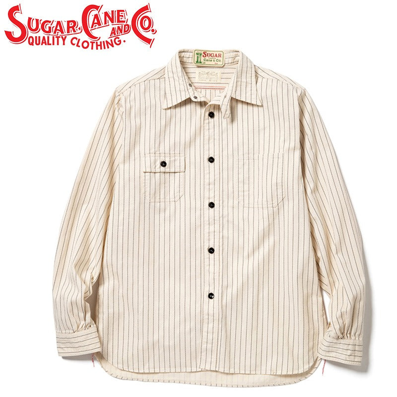 SC27076 / SUGAR CANE FICTION ROMANCE 8.5oz. WHITE WABASH STRIPE WORK SHIRT (LONG SLEEVE)