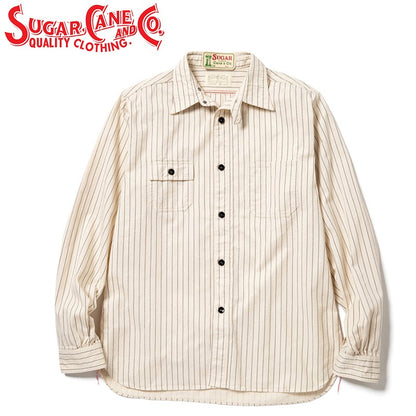 SC27076 / SUGAR CANE FICTION ROMANCE 8.5oz. WHITE WABASH STRIPE WORK SHIRT (LONG SLEEVE)