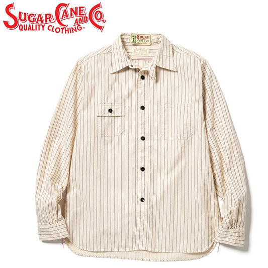 SC27076 / SUGAR CANE FICTION ROMANCE 8.5oz. WHITE WABASH STRIPE WORK SHIRT (LONG SLEEVE)