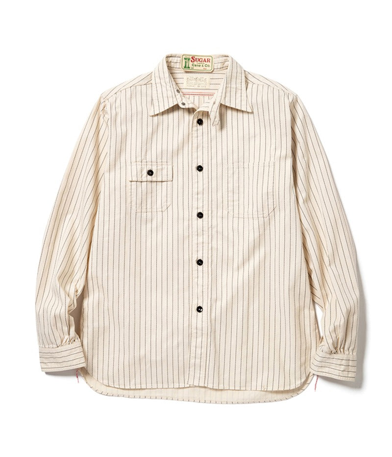 SC27076 / SUGAR CANE FICTION ROMANCE 8.5oz. WHITE WABASH STRIPE WORK SHIRT (LONG SLEEVE)