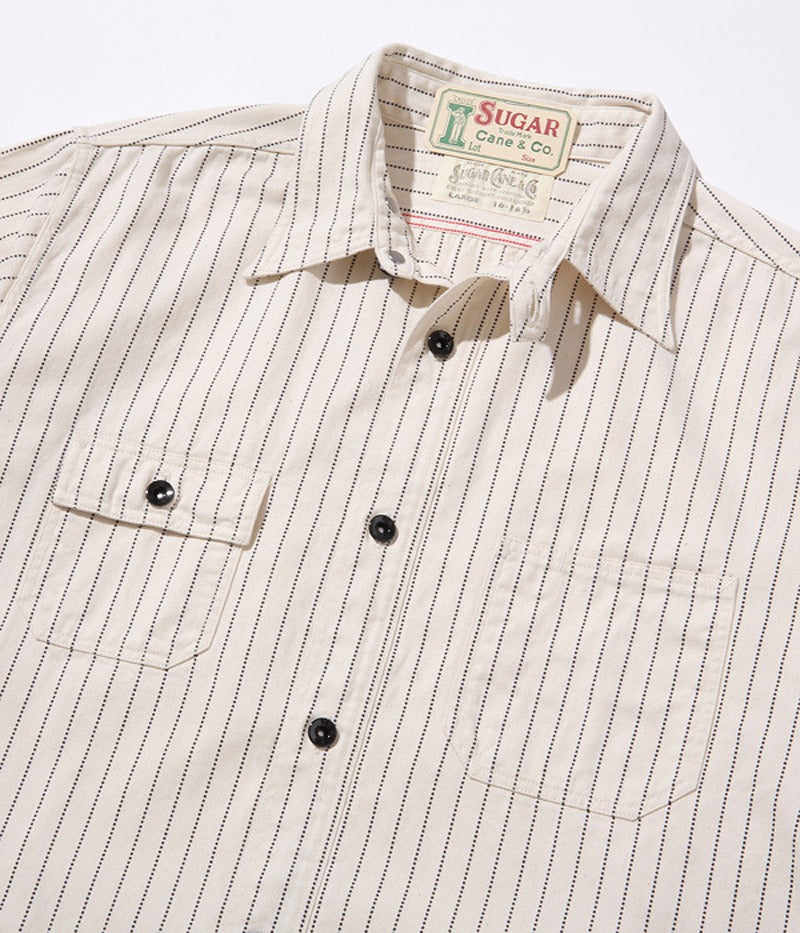 SC27076 / SUGAR CANE FICTION ROMANCE 8.5oz. WHITE WABASH STRIPE WORK SHIRT (LONG SLEEVE)