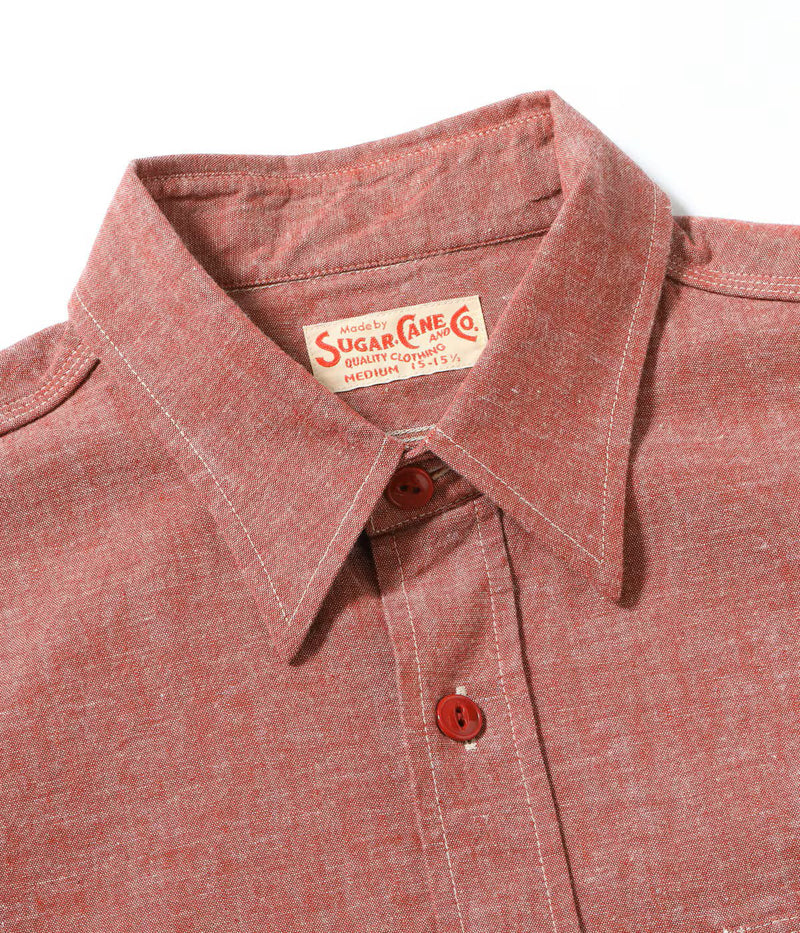SC29682 / SUGAR CANE RED CHAMBRAY WORK SHIRT (LONG SLEEVE