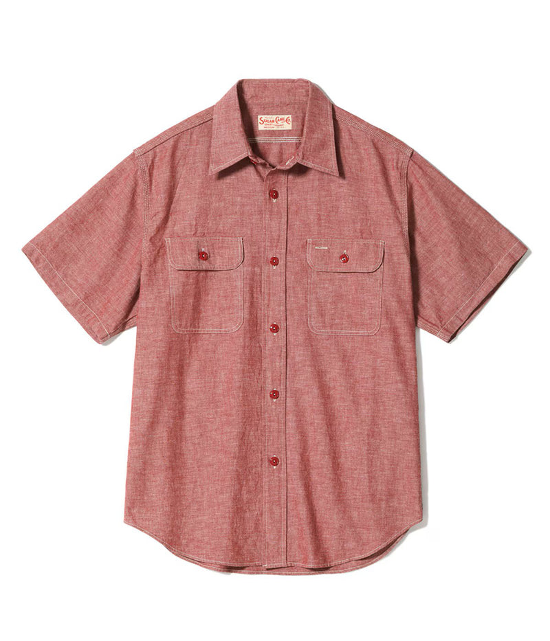 SC39703 / SUGAR CANE RED CHAMBRAY WORK SHIRT (SHORT SLEEVE