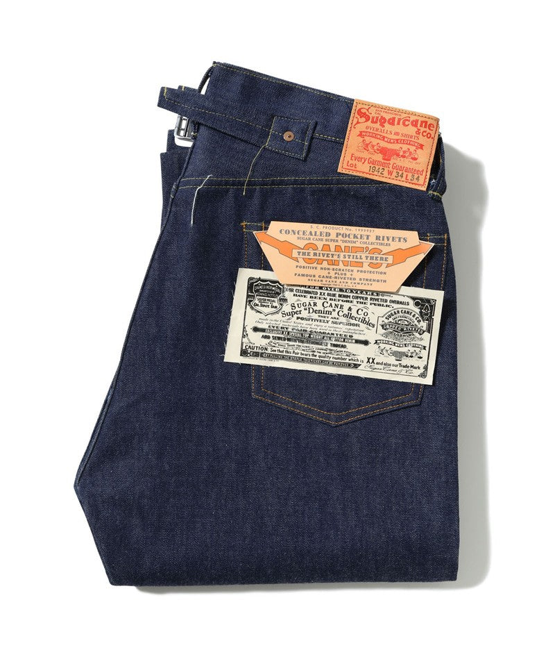 SC49005 / SUGAR CANE Super “Denim” Collectibles #05 14.25oz. BLUE DENIM WAIST OVERALLS “1942” MODEL