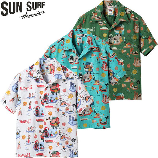 SS39333 / SUNSURF COTTON × LINEN HOPSACK OPEN SHIRT “ハワイへ行こう！” by 柳原良平 with MOOKIE