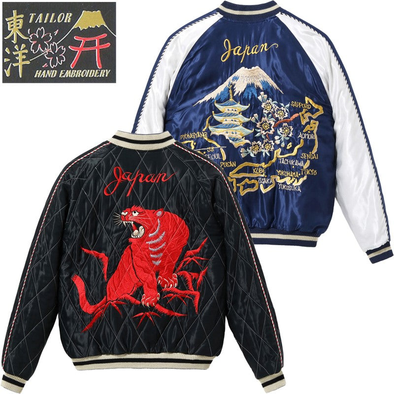 TT15543-119 TAILOR TOYO Mid 1950s Style Acetate Quilted Souvenir Jacket “RED TIGER” × “JAPAN MAP”